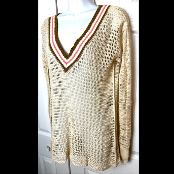 WE THE FREE People Varsity Sweater Open Knit VNeck Stripe Ivory Cream Pink Brown - Picture 3 of 11